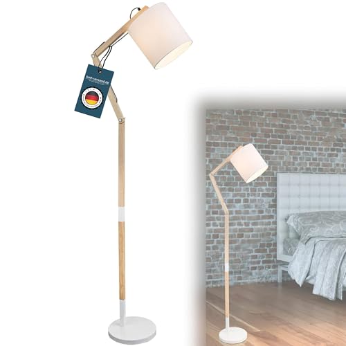 bmf-versand® Stehlampe Wohnzimmer Retro - Stehleuchte Textilschirm Holz - Standleuchte Schlafzimmer Höhe 172 cm - Standlampe Verstellbar - Leselampe Schlafzimmer Weißer Stoff Lampenschirm von bmf-versand