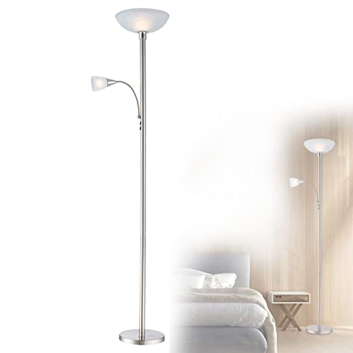 bmf-versand® Stehlampe Wohnzimmer mit Leselampe - Stehleuchte Beweglicher Lesearm - Deckenfluter Leseleuchte - Wohnzimmerlampe Stehend Glas und Nickel - Höhe 178 cm von bmf-versand