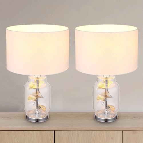 bmf-versand® Tischlampe 2er Set Wohnzimmer mit Textilschirm - Tischleuchte Dekolampe Glasinnenteil mit Blätterdesign - Beistelllampe Dekoration für Schlafzimmer - Nachttischlampe Höhe 38 cm von bmf-versand