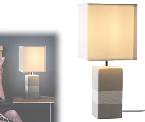bmf-versand® Tischlampe Wohnzimmer mit Keramikfuß - Tischleuchte klassisch für Schlafzimmer - Beistelllampe in Grau und Weiß - Nachttischlampe Stoffschirm - Nachttischleuchte Textil Keramik von bmf-versand