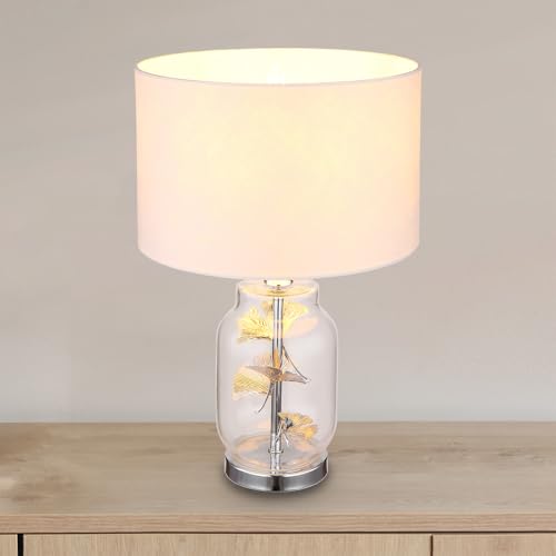 bmf-versand® Tischlampe Wohnzimmer mit Textilschirm - Tischleuchte Dekolampe Glasinnenteil mit Blätterdesign - Beistelllampe Dekoration für Schlafzimmer - Nachttischlampe Höhe 38 cm Wippschalter von bmf-versand