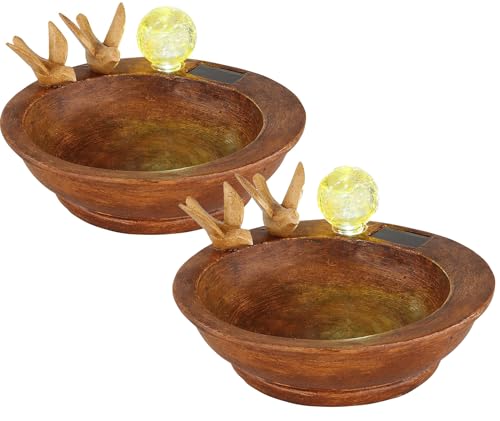 bmf-versand® Vogeltränke Solar Rost Optik 2er Set - Solarleuchten für Außen - Wasserstelle Vögel mit Solarlampe - Vogelbad Garten - Aussenlampe LED Balkon - Vogelbecken Dekoschale von bmf-versand