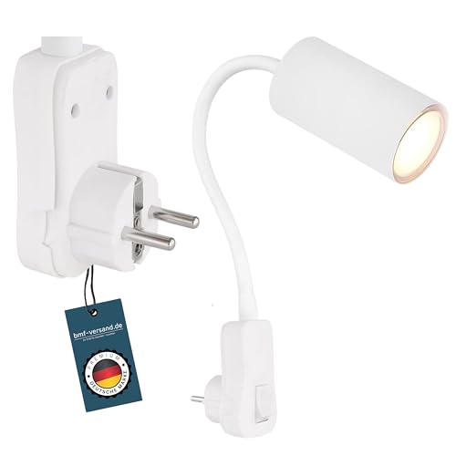 bmf-versand® Steckdosenlampe mit Schalter - Wandleuchte Innen Kinderzimmer mit Stecker - Steckerleuchte Weiße Wandlampe Schlafzimmer Steckdose - Leselampe Weiß - GU10 von bmf-versand