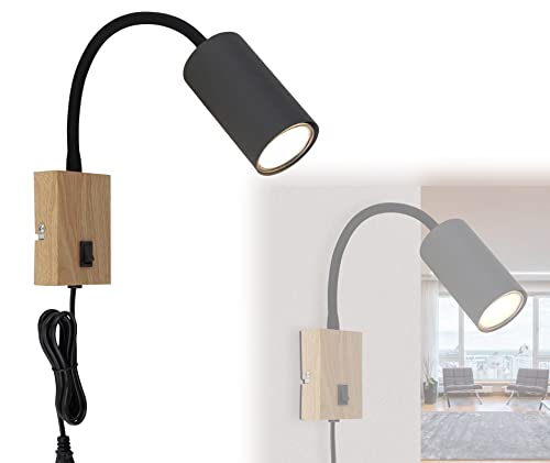 bmf-versand® Steckdosenlampe mit Schalter - Wandleuchte Innen Kinderzimmer mit Stecker und Kabel - Steckerleuchte Schwarze Wandlampe Schlafzimmer für Steckdose Holz Optik - Leselampe Wandmontage von bmf-versand