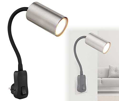 bmf-versand® Steckdosenlampe mit Schalter - Wandleuchte Innen Schlafzimmer mit Stecker - Steckerleuchte Wandlampe Kinderzimmer für Steckdose - Leselampe Silber Schwarz GU10 von bmf-versand