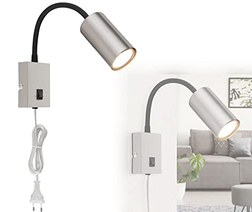 bmf-versand® Steckdosenlampe mit Schalter - Wandleuchte Innen Schlafzimmer mit Stecker und Kabel - Steckerleuchte Wandlampe Kinderzimmer für Steckdose - Leselampe Wandmontage Nickel Schwarz von bmf-versand