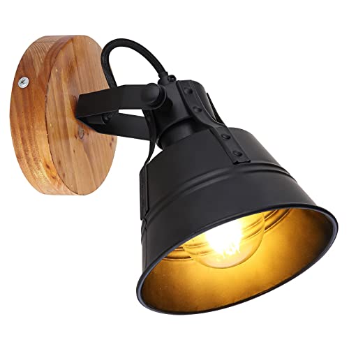 bmf-versand® Wandleuchte aus Metall und Holz - Wandlampe Innen Schwarz Gold Braunfarbig - Wandstrahler in Retro Optik E27-Fassung von bmf-versand