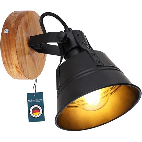 bmf-versand® Wandleuchte aus Metall und Holz - Wandlampe Innen Schwarz Gold Braunfarbig - Wandstrahler in Retro Optik E27-Fassung von bmf-versand