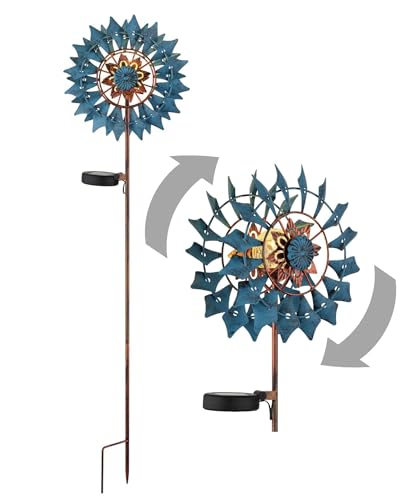 bmf-versand® Windrad Metall Garten Blume Solar - LED Solarleuchte Außen Solarlampe Windspiel Drehend - Solarleuchte Stehend Blau - Solarbeleuchtung für Terrasse und Balkon - Gartenleuchte Windmühle von bmf-versand