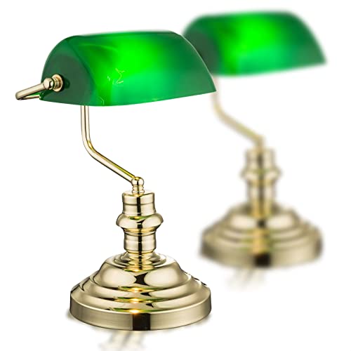 bmf-versand Bankerlampe Grün Messing 2er Set - Grüne Schreibtischlampe Retro Büro - Nachttischlampe mit Grünen Lampenschirm - Tischlampe Bürolampe für Schreibtisch Höhe 36 cm von bmf-versand