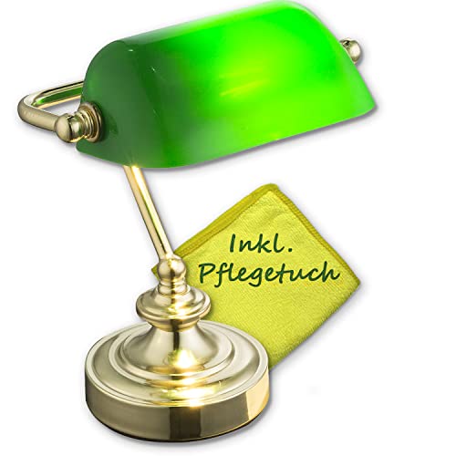 bmf-versand Bankerlampe Messing Grün mit Pflegetuch - Schreibtischlampe Retro mit Grünen Lampenschirm - Banker Tischlampe Büro - Schreibtischleuchte Bürolampe für Schreibtisch Höhe 24 cm von bmf-versand