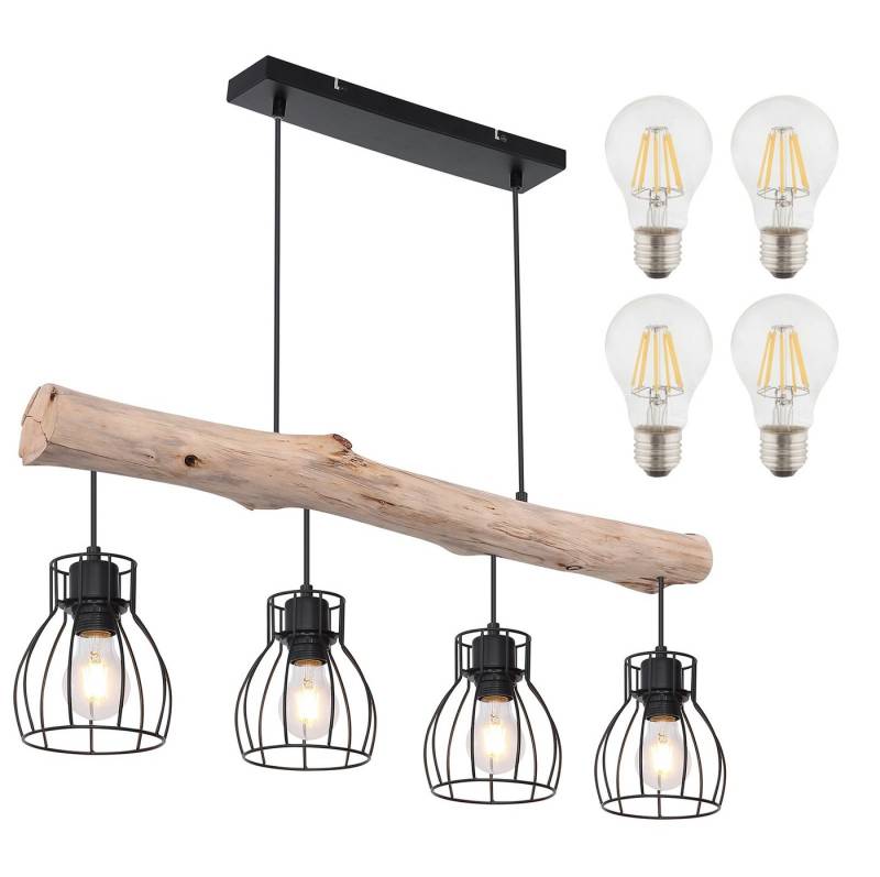 bmf-versand Hängeleuchte LED Hängelampe Esszimmer Holzbalken Hängeleuchte Schwarz Metall mit, Leuchtmittel, 4 flammig, LED wechselbar, Warmweiß, Pendelleuchte von bmf-versand