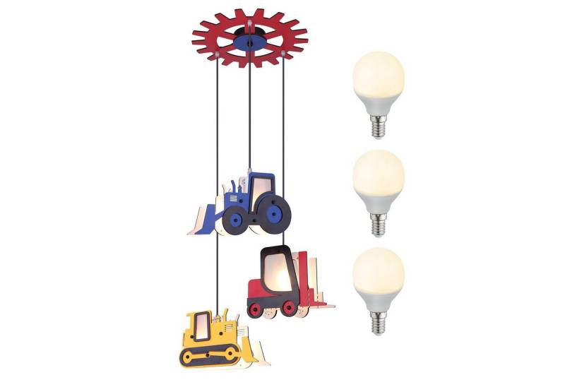 bmf-versand Hängeleuchte Hängeleuchte Kinderzimmer Pendelleuchte Kinderlampe Hängelampe Junge, hängend, Baufahrzeuge, Beleuchtung, LED wechselbar, Warmweiß, Pendellampe von bmf-versand