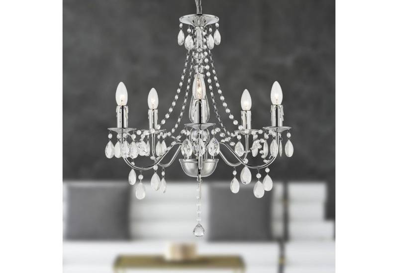 bmf-versand Kronleuchter Kronleuchter Wohnzimmer Silber Kristall Hängelampe 5-flammig Luster, höhenverstellbar, ohne Leuchtmittel, Kristalle von bmf-versand
