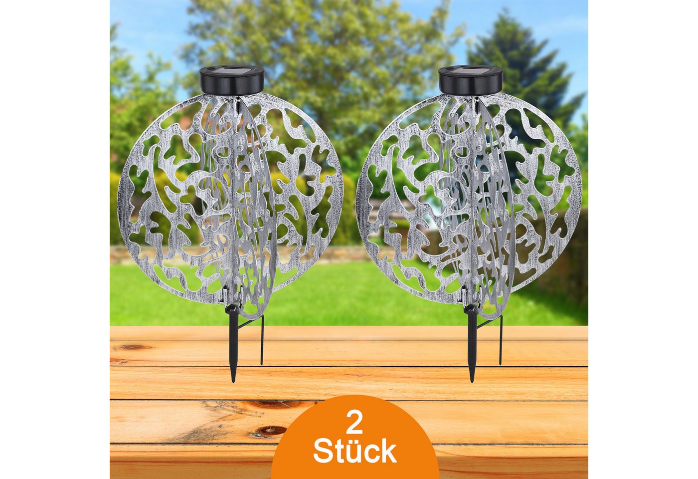 bmf-versand LED Solarleuchte Solarleuchte Garten 2er Set Rund Silber Solarlampe Außen Außenleuchte, Außenbeleuchtung, LED fest integriert, Warmweiß, Außenlampe, Gartenleuchte, Dekoleuchte, Gartendeko, Dekolampe von bmf-versand