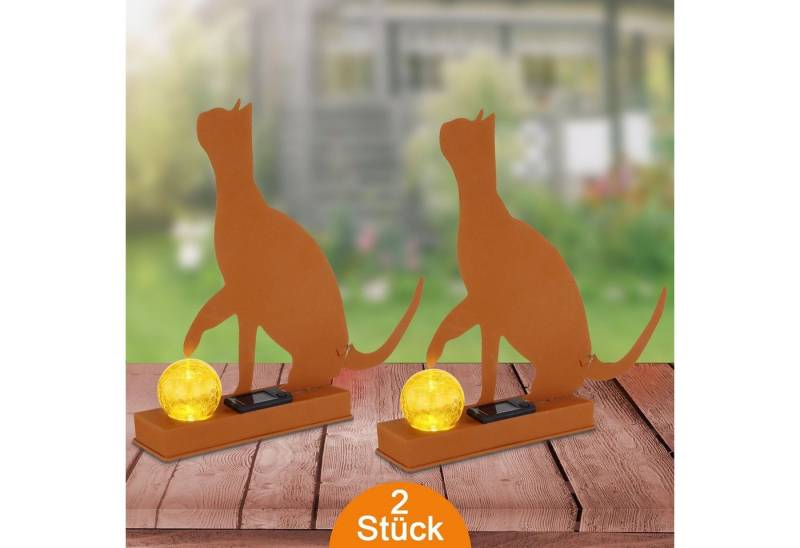 bmf-versand LED Solarleuchte Solarleuchten Garten Katze Kugel 2er Set Solarlampe Außen, Katzenfigur, LED fest integriert, warmweiß, Dekofigur Glas mit Crackle Optik von bmf-versand