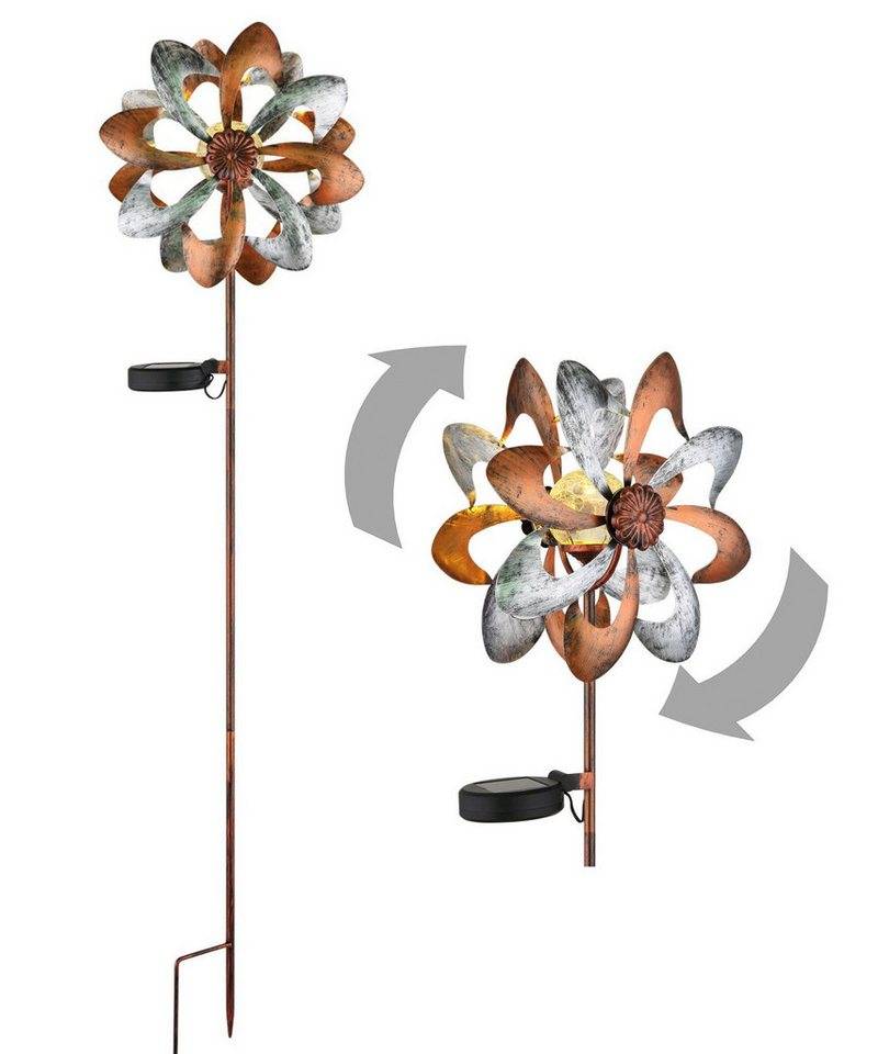 bmf-versand LED Solarleuchte Windrad Metall Garten Solar Solarleuchte Außen Solarlampe Windspiel, goldfarben, silberfarben, LED fest integriert, Warmweiß, Windmühle Blume von bmf-versand
