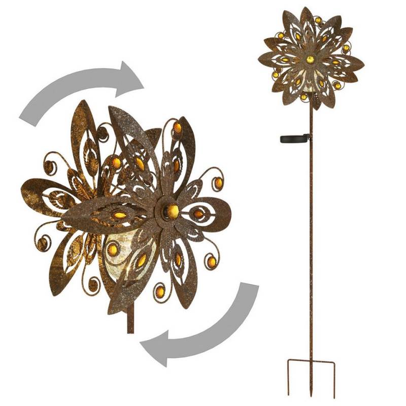 bmf-versand LED Solarleuchte Windrad Metall Garten Solar Solarleuchte Solarlampe Windspiel Rost, drehend, LED fest integriert, Warmweiß, Windmühle Blume von bmf-versand