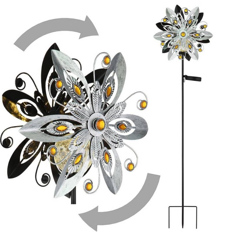 bmf-versand LED Solarleuchte Windrad Metall Garten Solar Solarleuchte Außen Solarlampe Windspiel, draußen drehend, LED fest integriert, Warmweiß, Windmühle Blume von bmf-versand