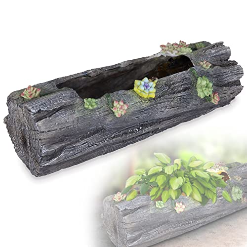 bmf-versand Pflanzschale Beleuchtet Baumstamm - Solarlampe für Außen - Solarleuchte Balkon Blumentopf - Solarlampe 45 cm Grau - Außenleuchte LED Boden - Gartenlampe Solar Wetterfest - Pflegetuch von bmf-versand