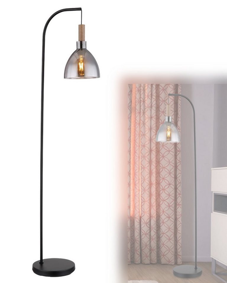 bmf-versand Stehlampe Stehleuchte Wohnzimmer Rauchglas Stehlampe Schwarz Standleuchte, Industrie Stil, ohne Leuchtmittel, Holz Verzierungen von bmf-versand