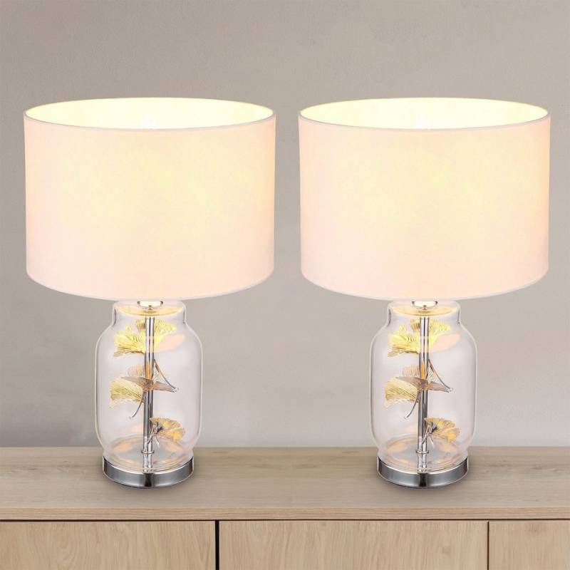 bmf-versand Tischleuchte Nachttischlampe 2er Set Tischlampe Wohnzimmer Glas Textilschirm, Glas Sockel, ohne Leuchtmittel, Stoffschirm von bmf-versand