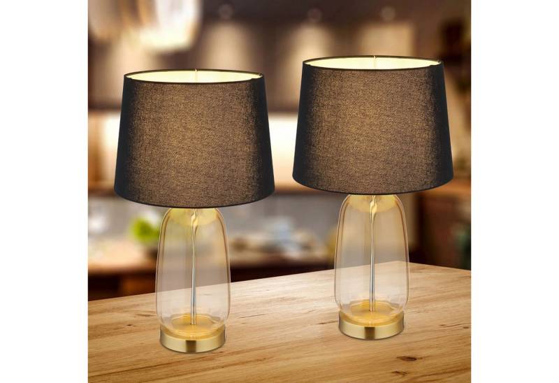 bmf-versand Tischleuchte Nachttischlampe 2er Set Tischlampe Wohnzimmer Glas Textilschirm Retro, Glas Sockel, ohne Leuchtmittel, Stoffschirm von bmf-versand