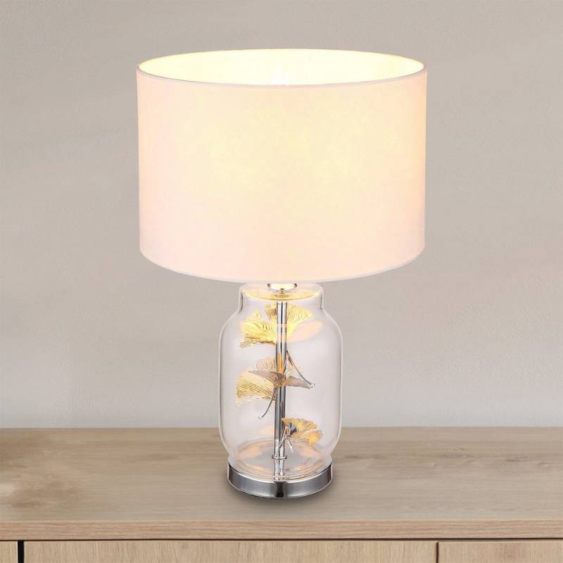 bmf-versand Tischleuchte Tischleuchte Wohnzimmer Glas Textil Schirm Tischlampe Weiß Ginkgo, Nachttischlampe, ohne Leuchtmittel, Stoffschirm von bmf-versand