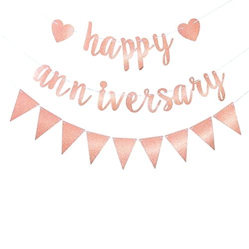 Happy Anniversary Banner Wimpelkette Rose Gold Jahrestag Hängeschild Girlande mit Dreiecksflaggen für Jahrestag Geburtstag und Hochzeit Liebe Party Zeremonie Dekoration Party Supplies von bng-bng