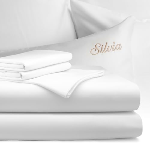 bo&button® Luxus Mako Satin Bettwäsche Set, 100% Bio Baumwolle (Long Staple 300), ALLE GRÖßEN, seidig weich & zeitlos schön, Set 135x200 cm + 40x80 cm (2-TLG.) - White Weiss - mit Bestickung von bo&button