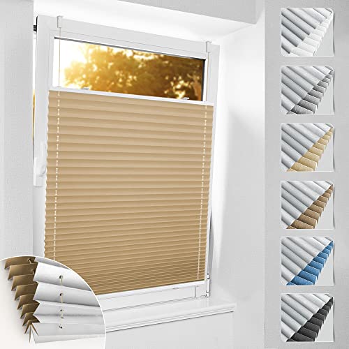 Plissee ohne Bohren Verdunkelung Klemmfix, 60x120cm Beige Thermo Plissee 100% Verdunkelnd & lichtundurchlässig Jalousie, Sichtschutz und Sonnenschutz, Aluminium Rollos für Fenster & Tür von bobodeco