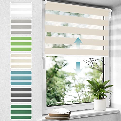 Doppelrollo schnurlos Klemmfix ohne Bohren Duo Rollos für Fenster & Tür, 120x130cm (BxH) Natur, Drücken Und Ziehen Springrollos Klemmrollo ohne Schnur lichtdurchlässig & Blickdicht von bobodeco