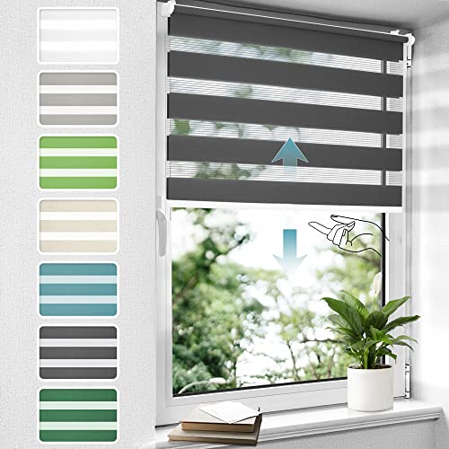 bobodeco Doppelrollo schnurlos Klemmfix ohne Bohren Duo Rollos für Fenster & Tür, 60x130cm (BxH) Anthrazit, Drücken Und Ziehen Springrollos Klemmrollo ohne Schnur lichtdurchlässig & Blickdicht von bobodeco