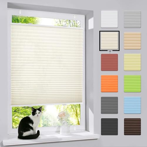 bobodeco Plissee ohne Bohren Klemmfix Faltrollo Jalousie Beige 115x120cm (BxH), Plisseerollo Sichtschutz und Sonnenschutz Blickdicht Easyfix lichtdurchlässig Rollo für Fenster & Tür von bobodeco