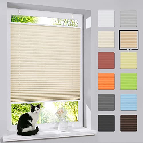 bobodeco Plissee ohne Bohren Klemmfix Faltrollo Jalousie Creme 110x130cm (BxH), Plisseerollo Sichtschutz und Sonnenschutz Blickdicht Easyfix lichtdurchlässig Rollo für Fenster & Tür von bobodeco