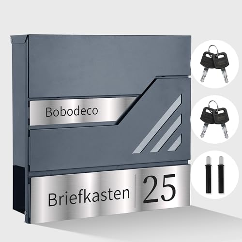 bobodeco moderner Briefkasten Personalisiert in Anthrazit RAL 7016, Postkasten mit Namensschild, Wandbriefkasten mit Zeitungsfach - Laser Gravur Briefkästen Stahl, Postbox, Anthrazit von bobodeco