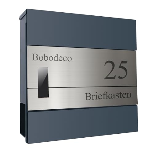 bobodeco moderner Briefkasten in Anthrazit RAL 7016, Postkasten mit Namensschild, Wandbriefkasten mit Zeitungsfach - Personalisiert Laser Gravur Briefkästen Stahl, Postbox, Anthrazitgrau + Silber von bobodeco