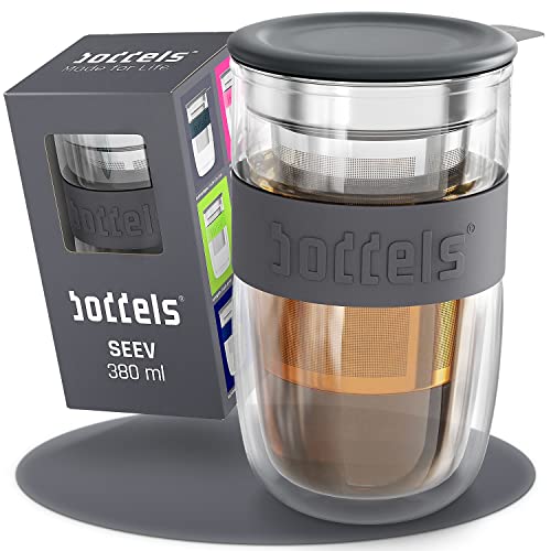boddels Glasbecher 380ml – Teebecher, Doppelwandig, Teetasse mit Edelstahl-Sieb, Keramik-Deckel, spülmaschinengeeignet, Thermo-Glas mit Schwebe-Effekt, Teeglas/Kaffeeglas (Anthrazitgrau) von boddels