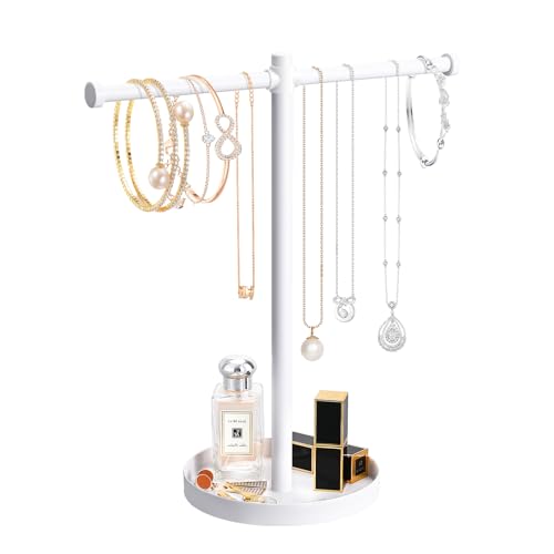 bodkar Schmuck-/Halsketten-Organizer, 32,8 cm hoch, stabiler Metall-Schmuckständer mit rundem Tablett für Armbänder, Armreifen, lange Halsketten-Organizer, Weiß von bodkar