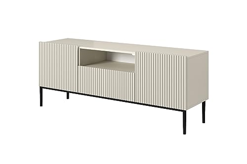 bogart TV Lowboard Nicole 150 cm mit 3 Klappen/Türen, offenes Fach, Griffloses Öffnungssystem, Schwarz Metallfüße, Fernsehtisch, Sideboard, Fernsehschrank, TV Tisch, TV Schrank, TV Bank von bogart