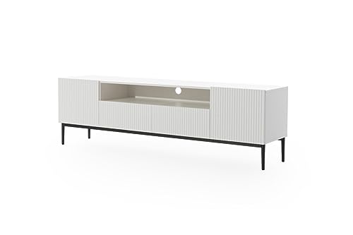 bogart TV Lowboard Nicole 200 cm mit 4 Klappen/Türen, offenes Fach, Griffloses Öffnungssystem, Schwarz Metallfüße, Fernsehtisch, Sideboard, Fernsehschrank, TV Tisch, TV Schrank, TV Bank von bogart