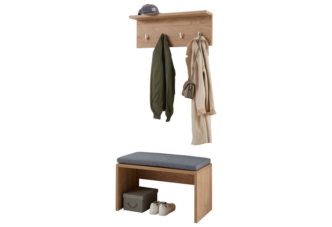 boho living® Garderoben-Set, Wildeiche, 1 Wandgarderobe 4 Haken, 1 Sitzbank inkl. Kissen in grau von boho living®