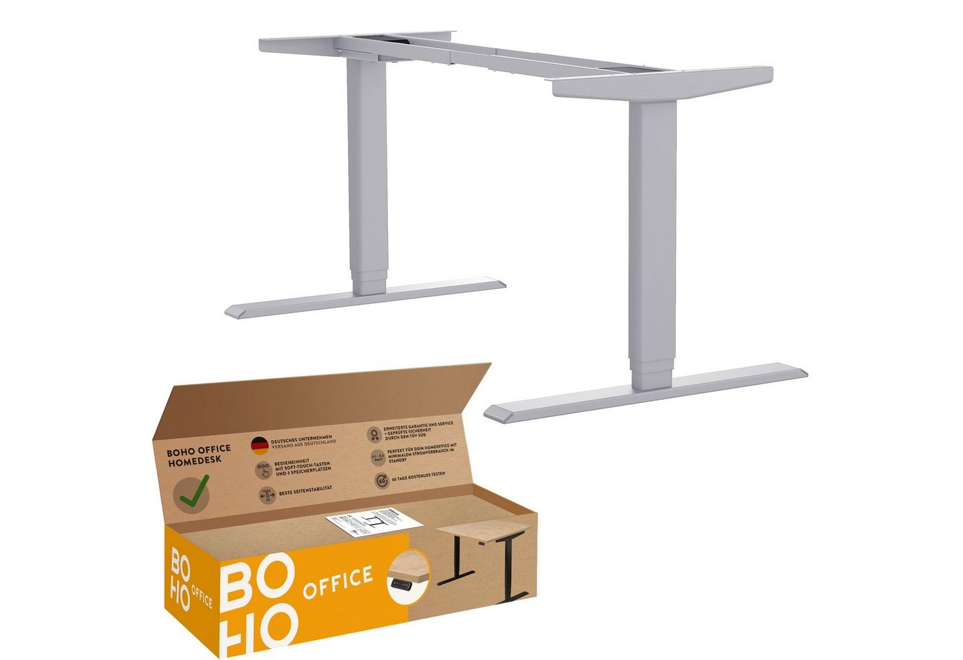 boho office® Schreibtisch Homedesk (Tischgestell), elektrisch stufenlos höhenverstellbar in Silber mit 3 Speicherplätzen von boho office®