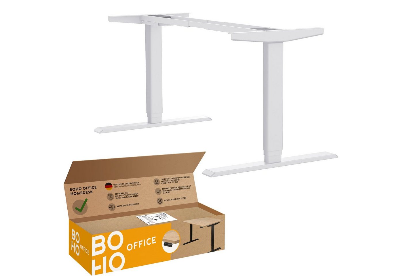 boho office® Schreibtisch Homedesk (Tischgestell), elektrisch stufenlos höhenverstellbar in Weiß mit 3 Speicherplätzen von boho office®