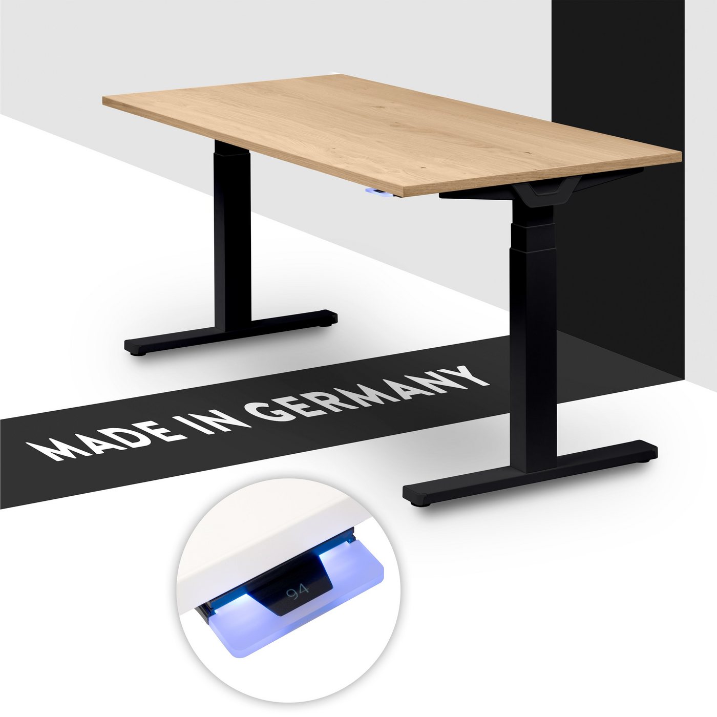 boho office® Schreibtisch Premium Line, Schwarz elektrisch höhenverstellbar, Tischplatte Wildeiche 140 x 80 cm von boho office®