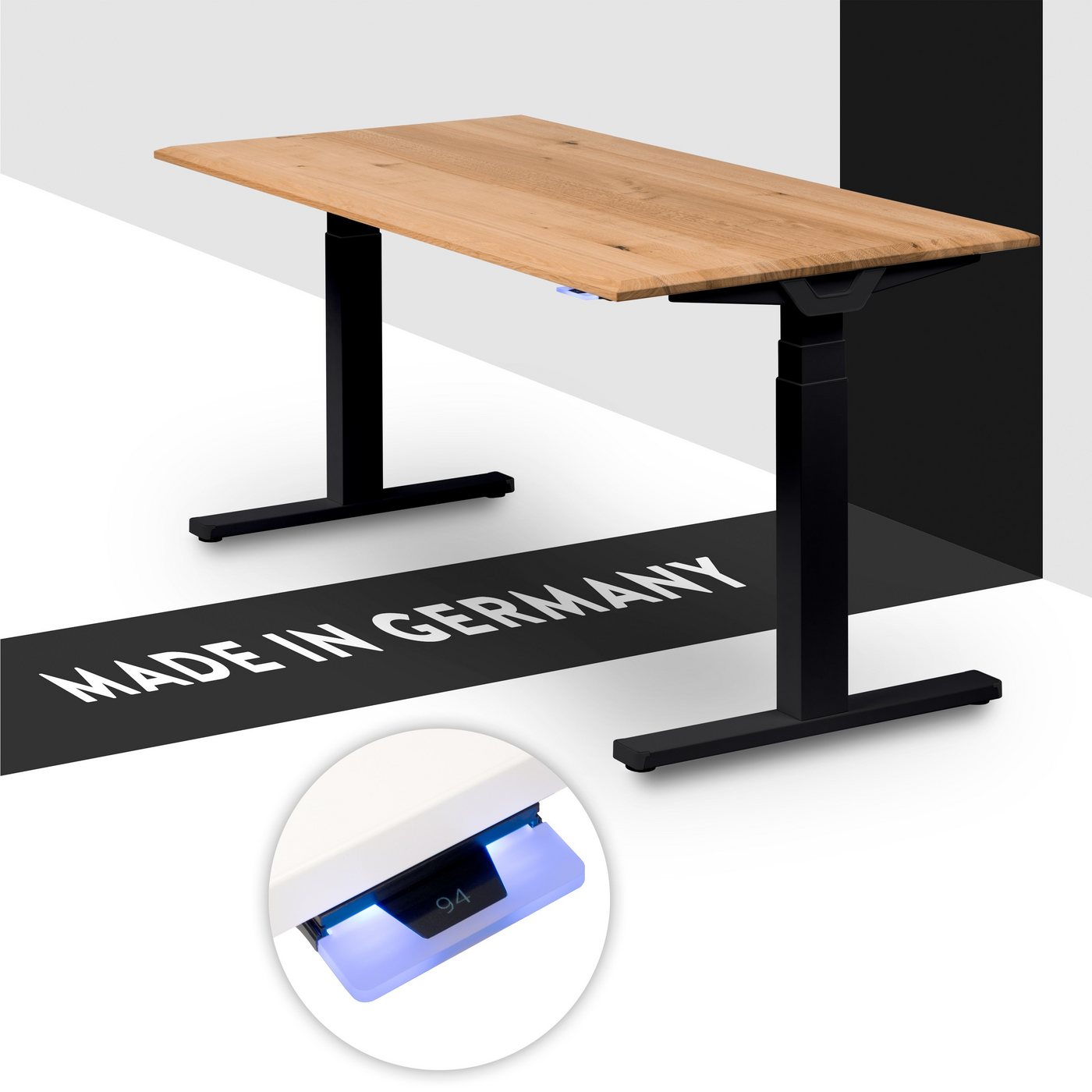 boho office® Schreibtisch Premium Line, Schwarz elektrisch höhenverstellbar, Tischplatte Wildeiche 140 x 80 cm von boho office®