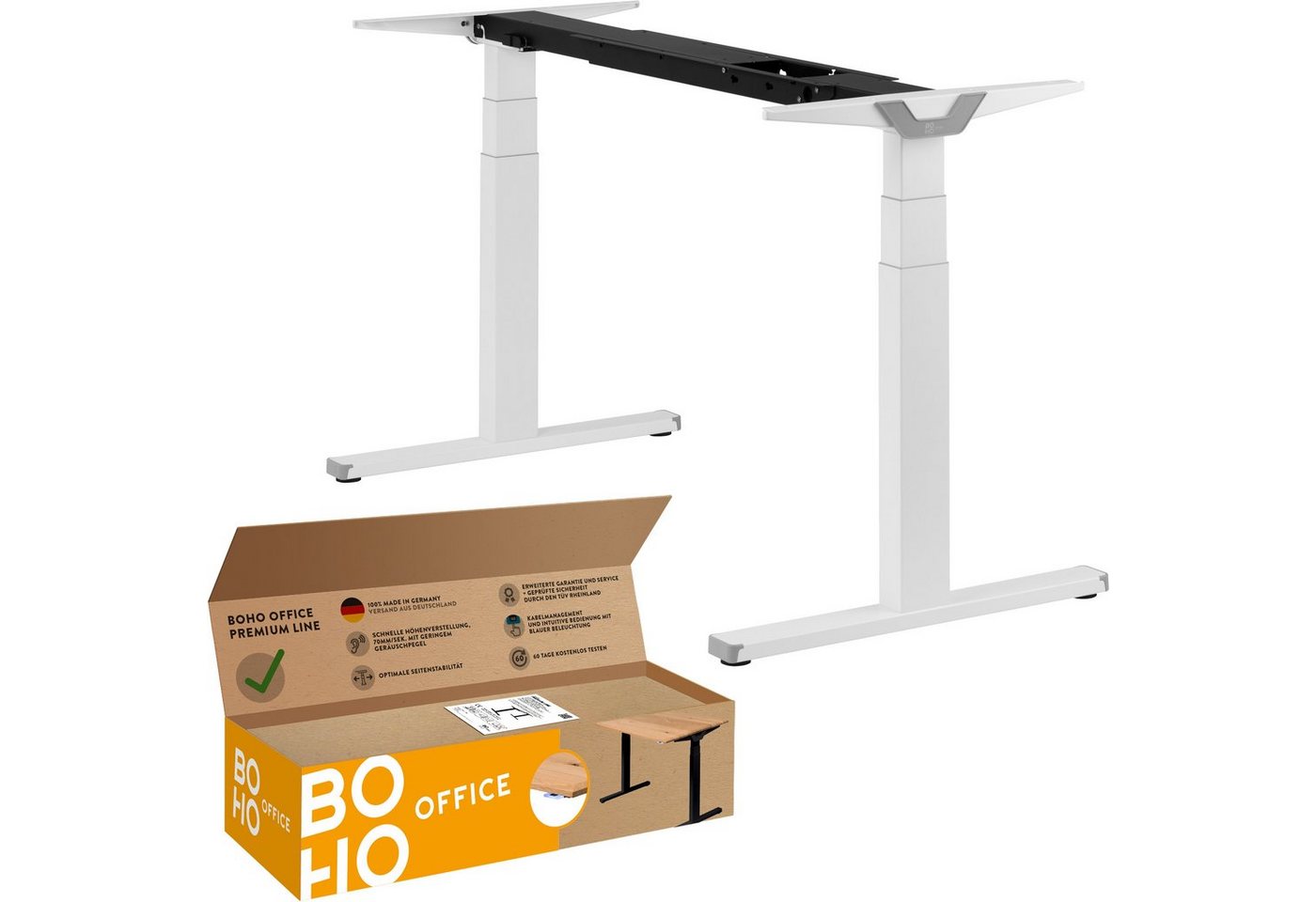 boho office® Schreibtisch Premium Line, elektrisch stufenlos höhenverstellbar in Weiß - Made in Germany - von boho office®