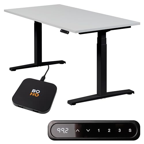 boho office® Höhenverstellbarer Schreibtisch 180 x 80 cm - Elektrisch stufenlos, inkl. Wireless Charger, Memoryfunktion, Kollisionsschutz - Basic Line Schwarz inkl. Tischplatte in Lichtgrau von boho office