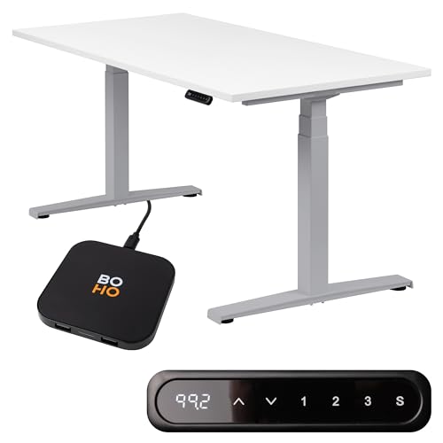 boho office® Höhenverstellbarer Schreibtisch 180 x 80 cm - Elektrisch stufenlos, inkl. Wireless Charger, Memoryfunktion, Kollisionsschutz - Basic Line Silber inkl. Tischplatte in Weiß von boho office