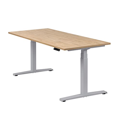boho office® Höhenverstellbarer Schreibtisch 180 x 80 cm - Elektrisch stufenlos, inkl. Wireless Charger, Memoryfunktion, Kollisionsschutz - Basic Line Silber inkl. Tischplatte in Wildeiche von boho office